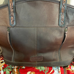 Large Dark Brown Tooled Leather Tote Concealed Carry