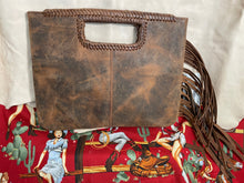 Load image into Gallery viewer, Cashel Distressed Leather Tote with Turquoise Buckstitching, Conchos, Leather Fringe