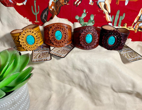 Tooled Leather w/ Turquoise Stone Cuff Bracelets