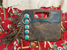 Load image into Gallery viewer, Cashel Distressed Leather Tote with Turquoise Buckstitching, Conchos, Leather Fringe