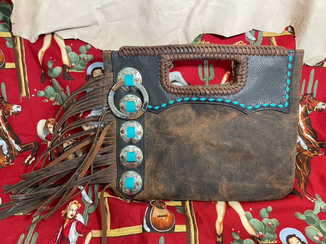 Cashel Distressed Leather Tote with Turquoise Buckstitching, Conchos, Leather Fringe