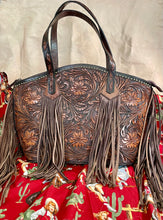 Load image into Gallery viewer, Large Dark Brown Tooled Leather Tote Concealed Carry