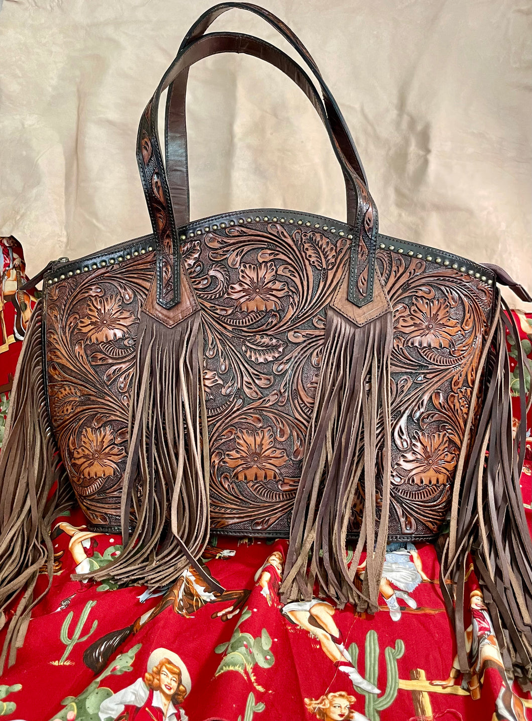 Large Dark Brown Tooled Leather Tote Concealed Carry