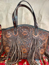 Load image into Gallery viewer, Large Dark Brown Tooled Leather Tote Concealed Carry