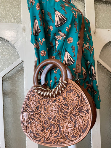 Tooled Hand Tote w/ Wooden Handle