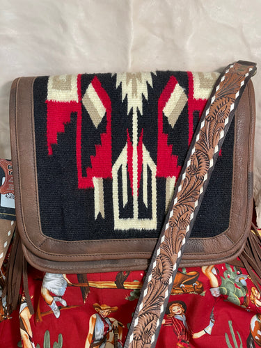 Large Crossover Bag Red Blanket and Tooled Leather Strap