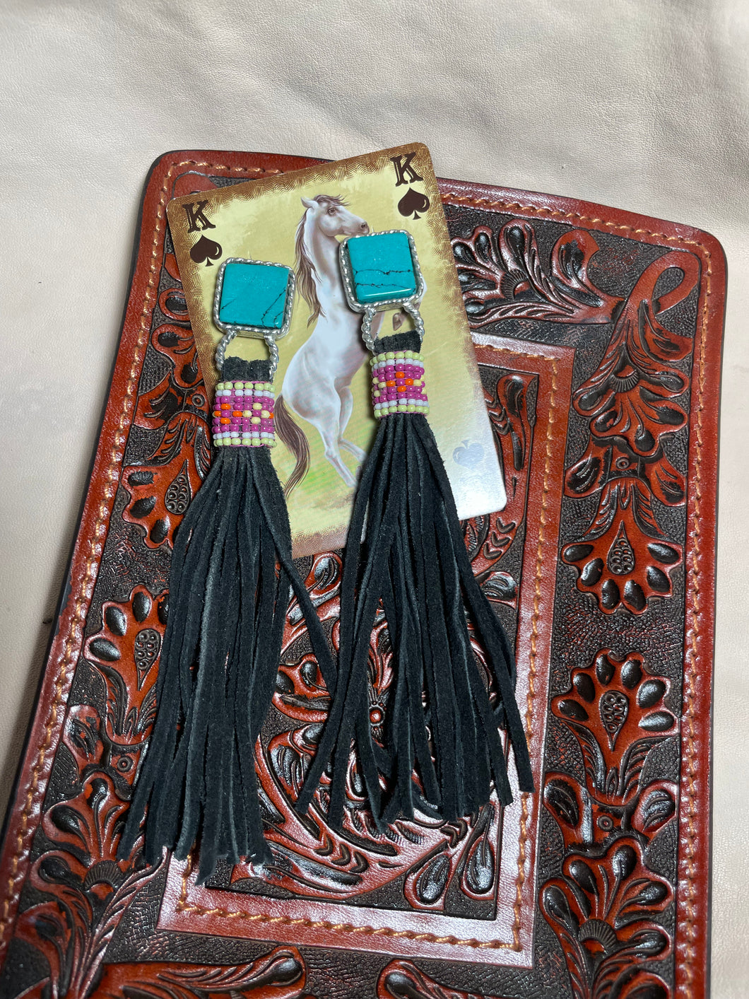 Square Turquoise Disc with Beading and Black Fringe Earrings